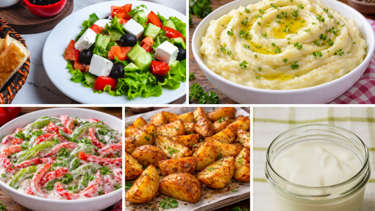 Balkanische Beilagen wie Salate, Kartoffelpüree, Reis und Joghurtsauce