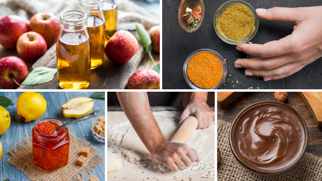 Collage hausgemachter Grundrezepte zum Selber machen – Teig, Aufstriche, Gewürze und Vorrat