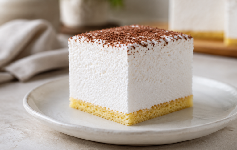 Šampita mit hoher weißer Schaumschicht und dünnem Biskuitboden - Rezept
