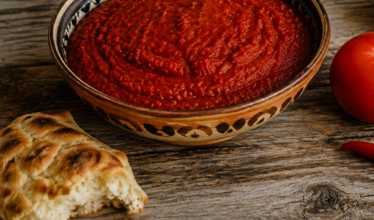 Scharfe Ljutenica aus Tomaten, roten Paprika und Peperoni