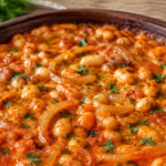 Tavče Gravče mit weißen Bohnen und Paprikasauce in einer braunen Keramikform