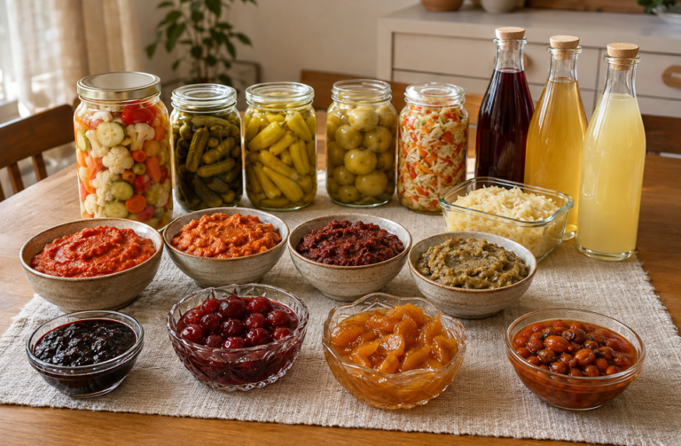 Hausgemachte Zimnica mit Balkan-Gemüseaufstrichen, Turšija, Pekmez, Slatko und Sirup