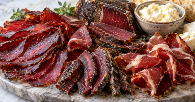 Bosnisches Suho Meso mit verschiedenen Sorten getrocknetem Rindfleisch auf einer Platte