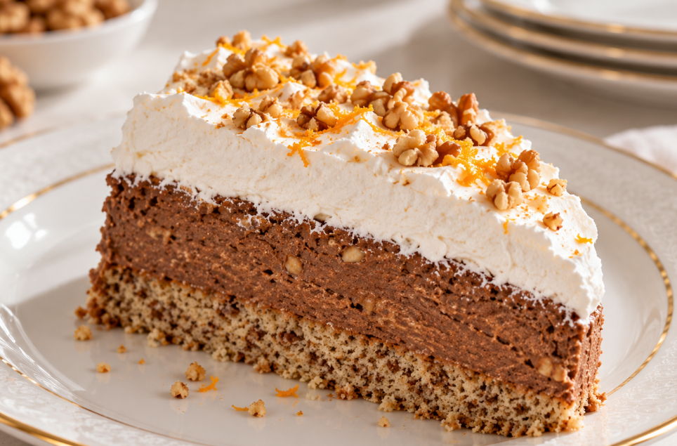 Vasina Torta mit Walnuss-Schokoladen-Creme, Orange und weißem Eiweißschaum