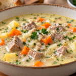 Teleća Bijela Čorba – bosnische Kalbfleischsuppe mit Gemüse und Sauerrahm