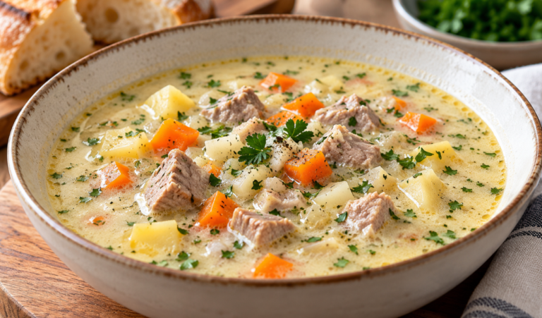 Teleća Bijela Čorba – bosnische Kalbfleischsuppe mit Gemüse und Sauerrahm